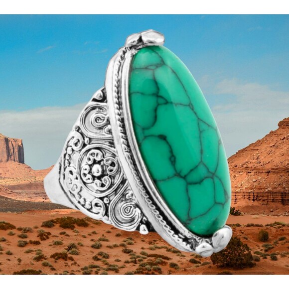 Boho Oval Turquoise Antique Silver Plated Carved Ring 1.5" x .7" - Picture 1 of 3